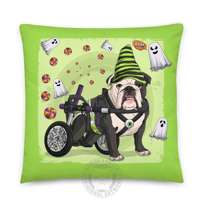 Halloween Ghost Bulldog Throw Pillow | Wheelchair | English Bulldog · Black &amp; White · Male