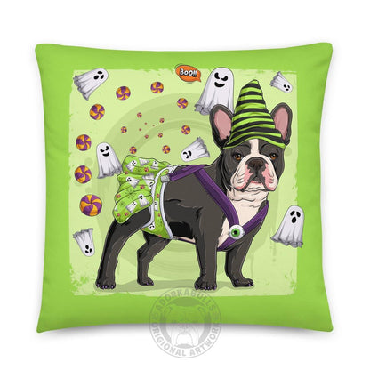 Halloween Ghost Bulldog Throw Pillow | Spina Bifida | Frenchie · Black &amp; White · Female