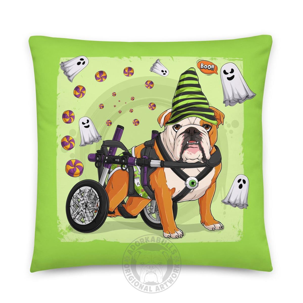 Halloween Ghost Bulldog Throw Pillow | Wheelchair | English Bulldog · Red &amp; White · Male