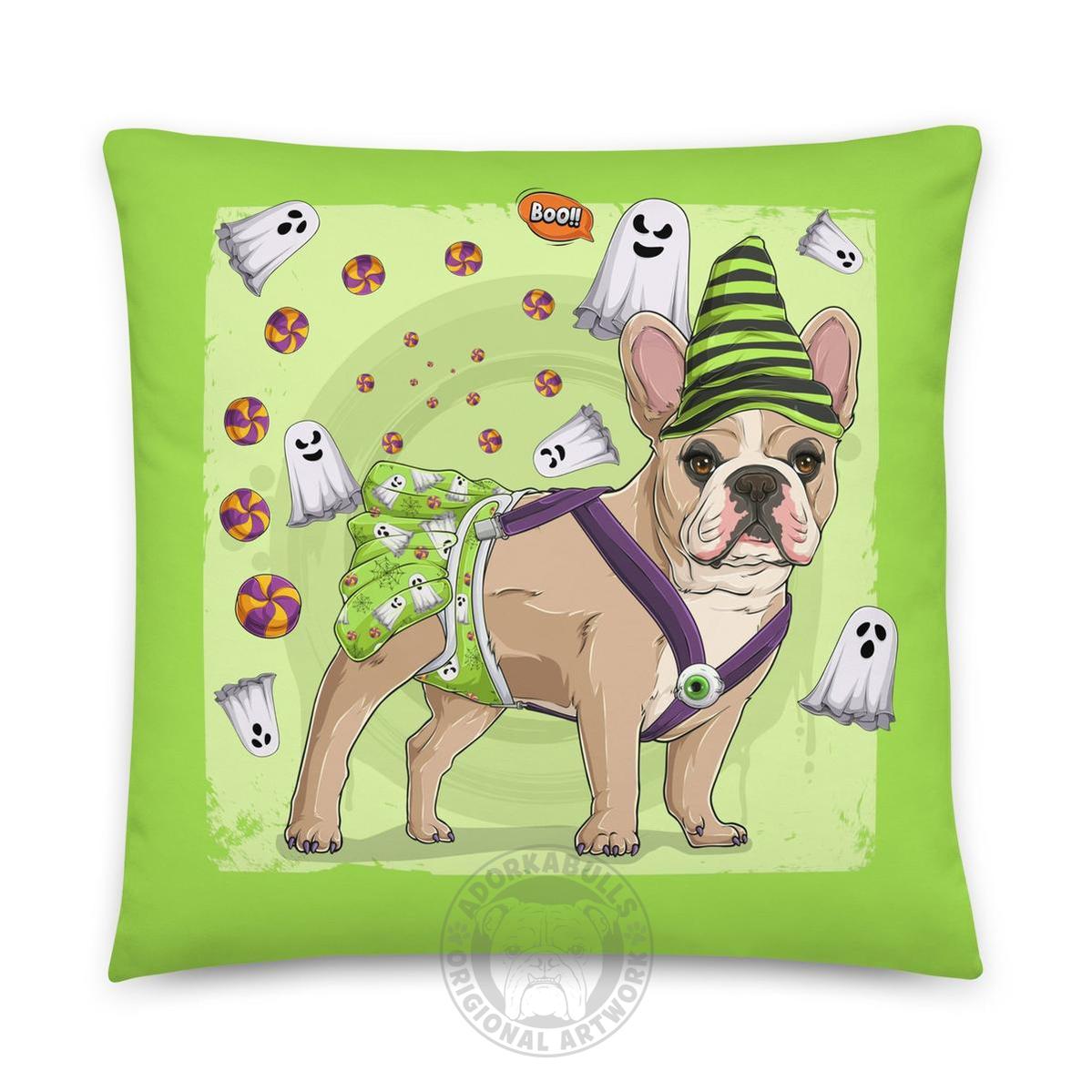 Halloween Ghost Bulldog Throw Pillow | Spina Bifida | Frenchie · Fawn &amp; White · Female