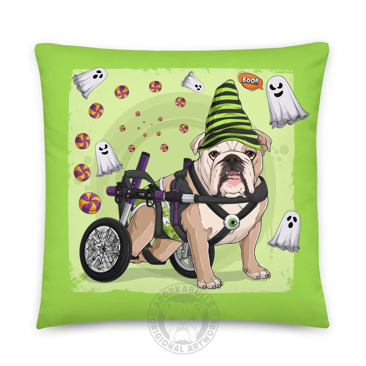 Halloween Ghost Bulldog Throw Pillow | Wheelchair | English Bulldog · Fawn &amp; White · Male