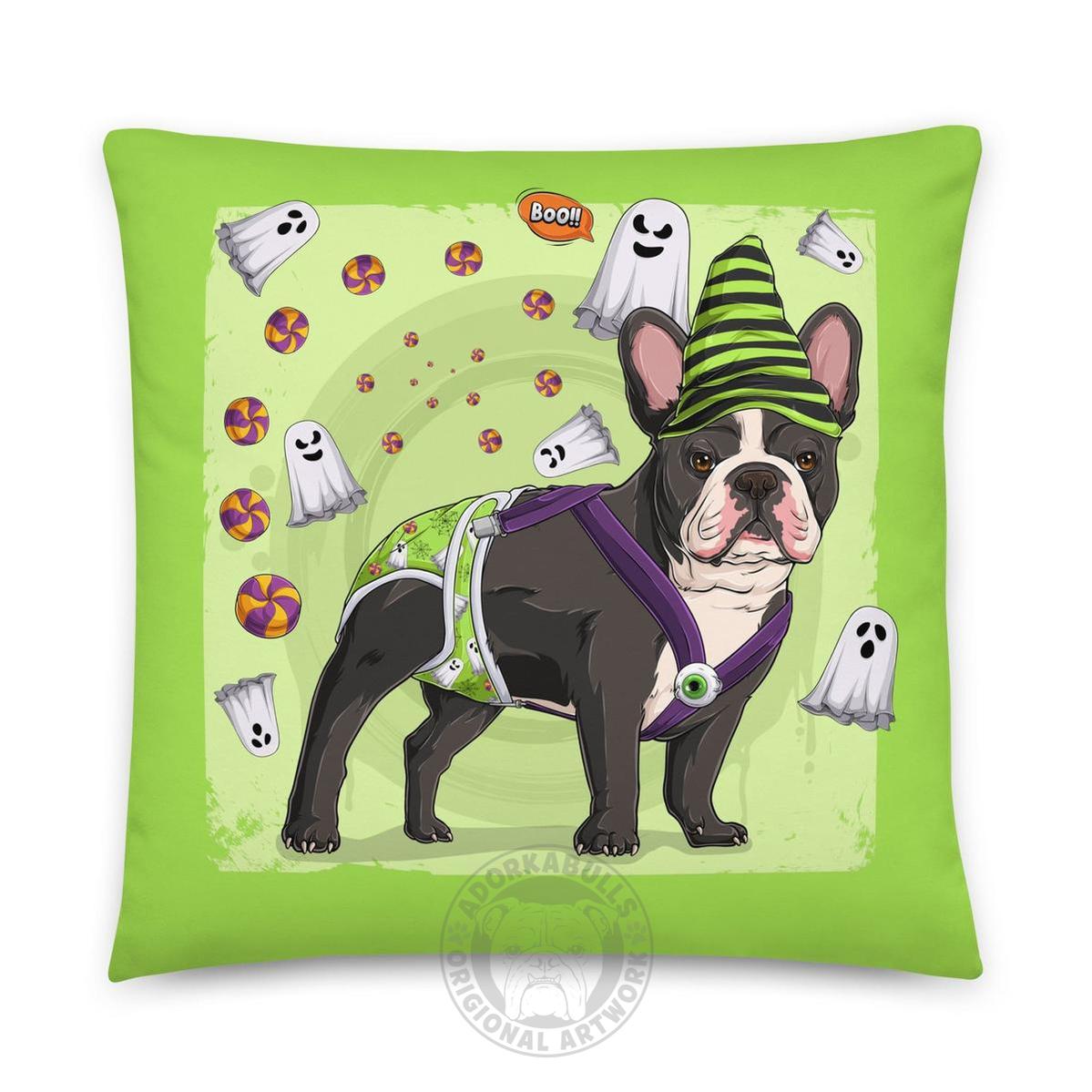 Halloween Ghost Bulldog Throw Pillow | Spina Bifida | Frenchie · Black &amp; White · Male