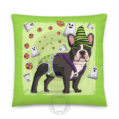 Halloween Ghost Bulldog Throw Pillow | Spina Bifida | Frenchie · Black &amp; White · Male