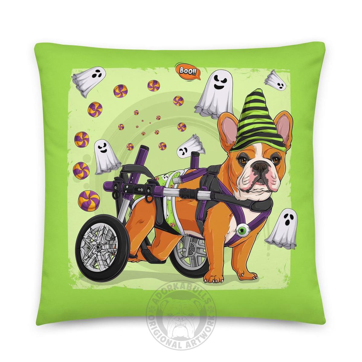 Halloween Ghost Bulldog Throw Pillow | Wheelchair | Frenchie · Red &amp; White · Male