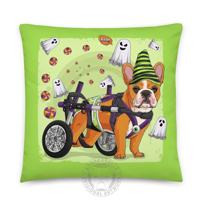 Halloween Ghost Bulldog Throw Pillow | Wheelchair | Frenchie · Red &amp; White · Male