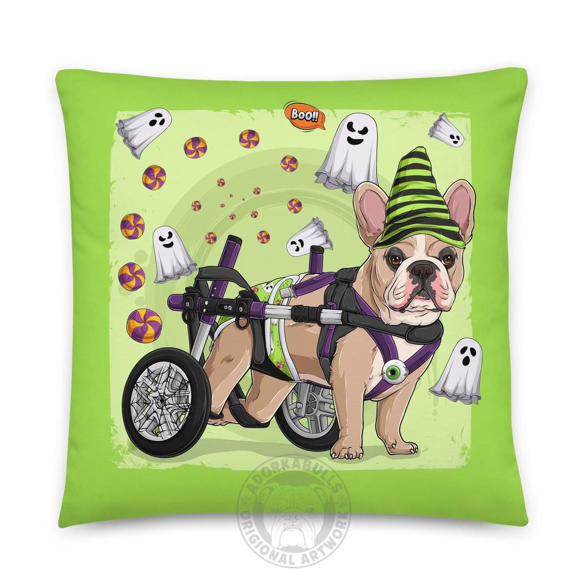 Halloween Ghost Bulldog Throw Pillow | Wheelchair | Frenchie · Fawn &amp; White · Male