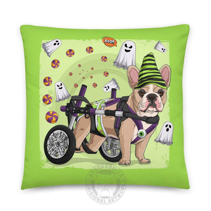 Halloween Ghost Bulldog Throw Pillow | Wheelchair | Frenchie · Fawn &amp; White · Male