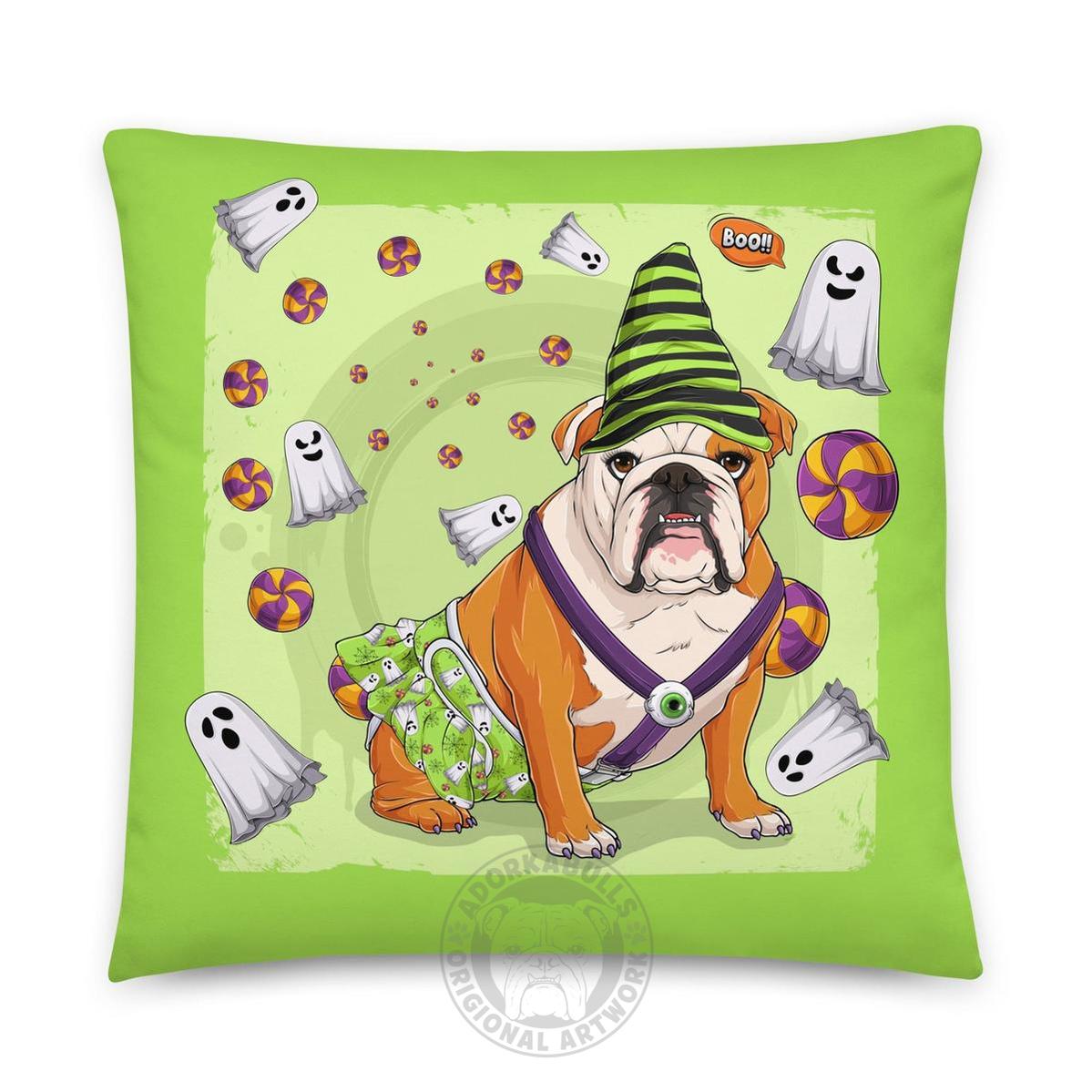 Halloween Ghost Bulldog Throw Pillow | Spina Bifida | English Bulldog · Red &amp; White · Female