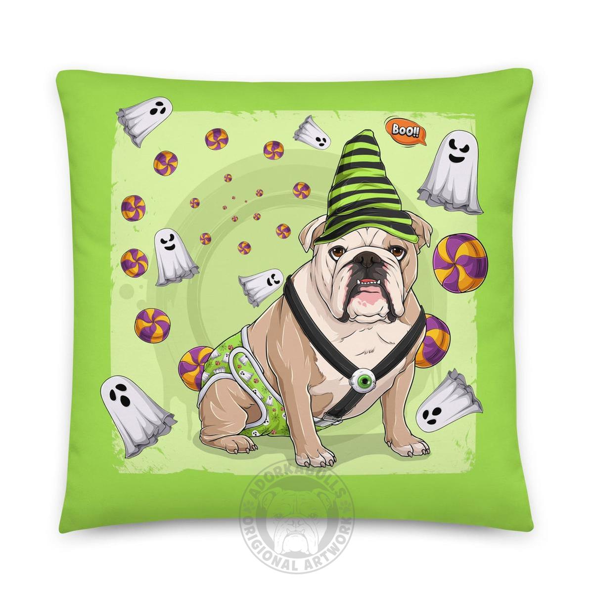 Halloween Ghost Bulldog Throw Pillow | Spina Bifida | English Bulldog · Fawn &amp; White · Male