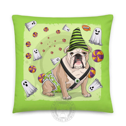 Halloween Ghost Bulldog Throw Pillow | Spina Bifida | English Bulldog · Fawn &amp; White · Male