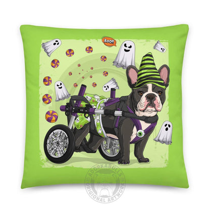 Halloween Ghost Bulldog Throw Pillow | Wheelchair | Frenchie · Black &amp; White · Female