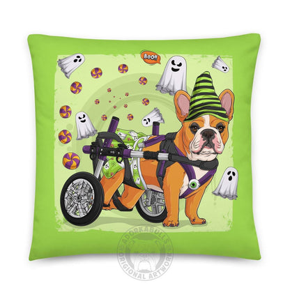 Halloween Ghost Bulldog Throw Pillow | Wheelchair | Frenchie · Red &amp; White · Female