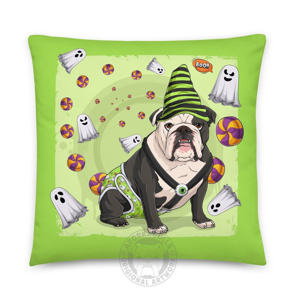 Halloween Ghost Bulldog Throw Pillow | Spina Bifida | English Bulldog · Black &amp; White · Male