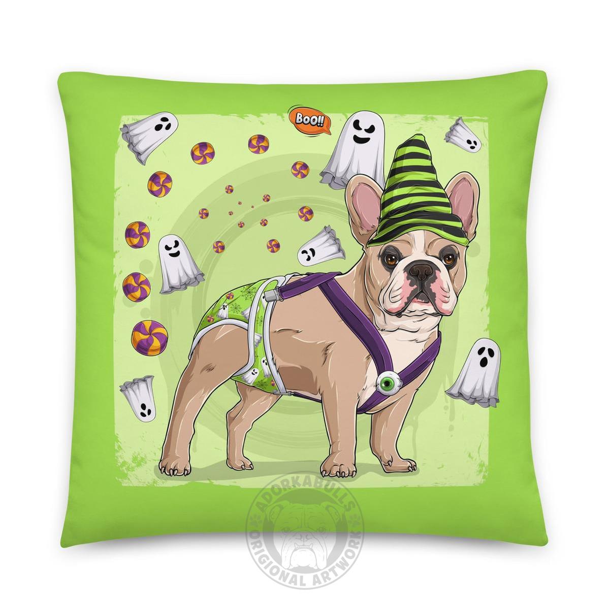 Halloween Ghost Bulldog Throw Pillow | Spina Bifida | Frenchie · Fawn &amp; White · Male