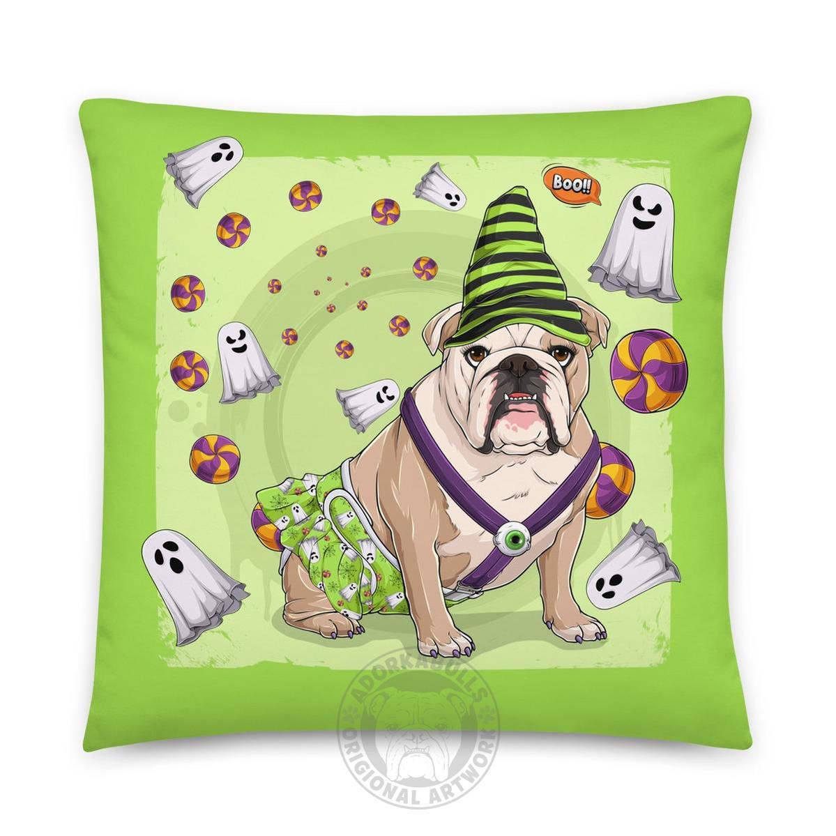 Halloween Ghost Bulldog Throw Pillow | Spina Bifida | English Bulldog · Fawn &amp; White · Female