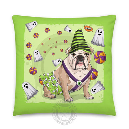 Halloween Ghost Bulldog Throw Pillow | Spina Bifida | English Bulldog · Fawn &amp; White · Female