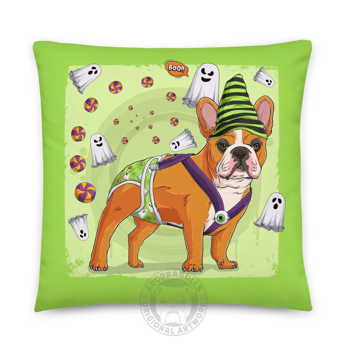 Halloween Ghost Bulldog Throw Pillow | Spina Bifida | Frenchie · Red &amp; White · Male