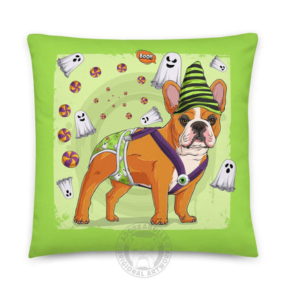 Halloween Ghost Bulldog Throw Pillow | Spina Bifida | Frenchie · Red &amp; White · Male