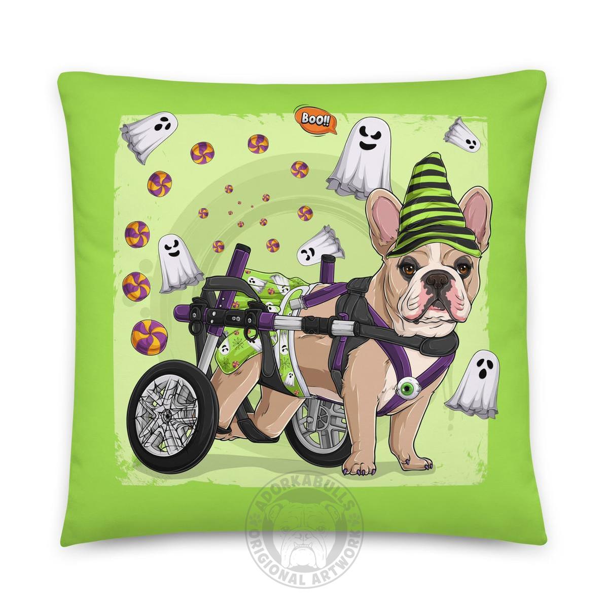 Halloween Ghost Bulldog Throw Pillow | Wheelchair | Frenchie · Fawn &amp; White · Female