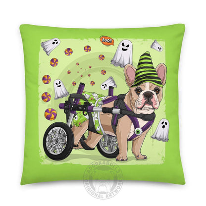 Halloween Ghost Bulldog Throw Pillow | Wheelchair | Frenchie · Fawn &amp; White · Female