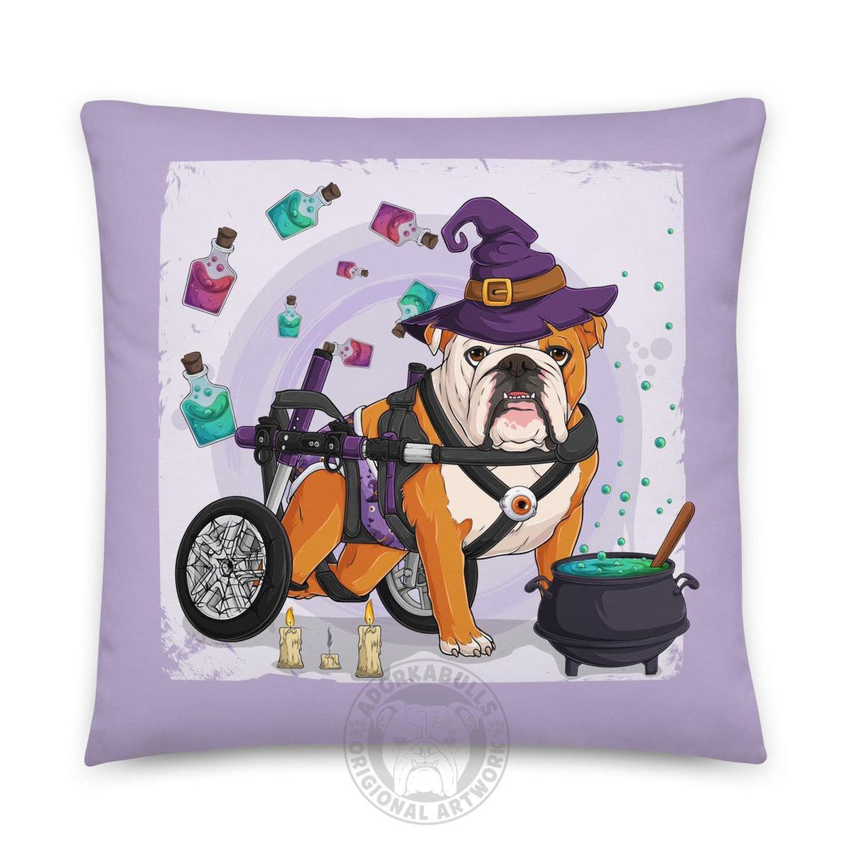Halloween Potion &amp; Cauldron Bulldog Throw Pillow | Wheelchair | English Bulldog · Red &amp; White · Male