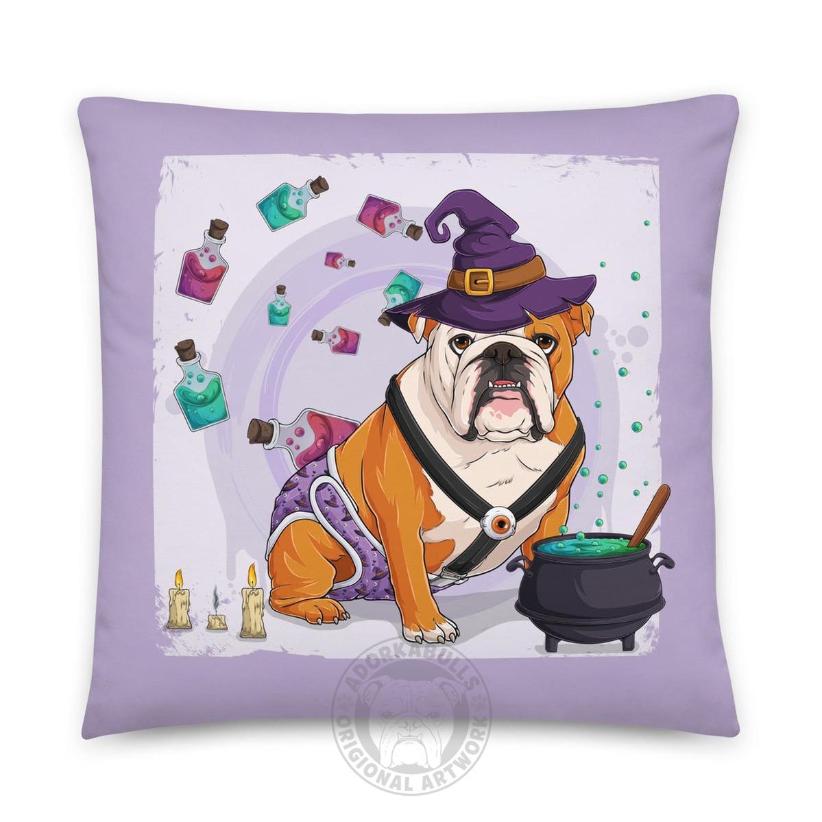 Halloween Potion &amp; Cauldron Bulldog Throw Pillow | Spina Bifida | English Bulldog · Red &amp; White · Male