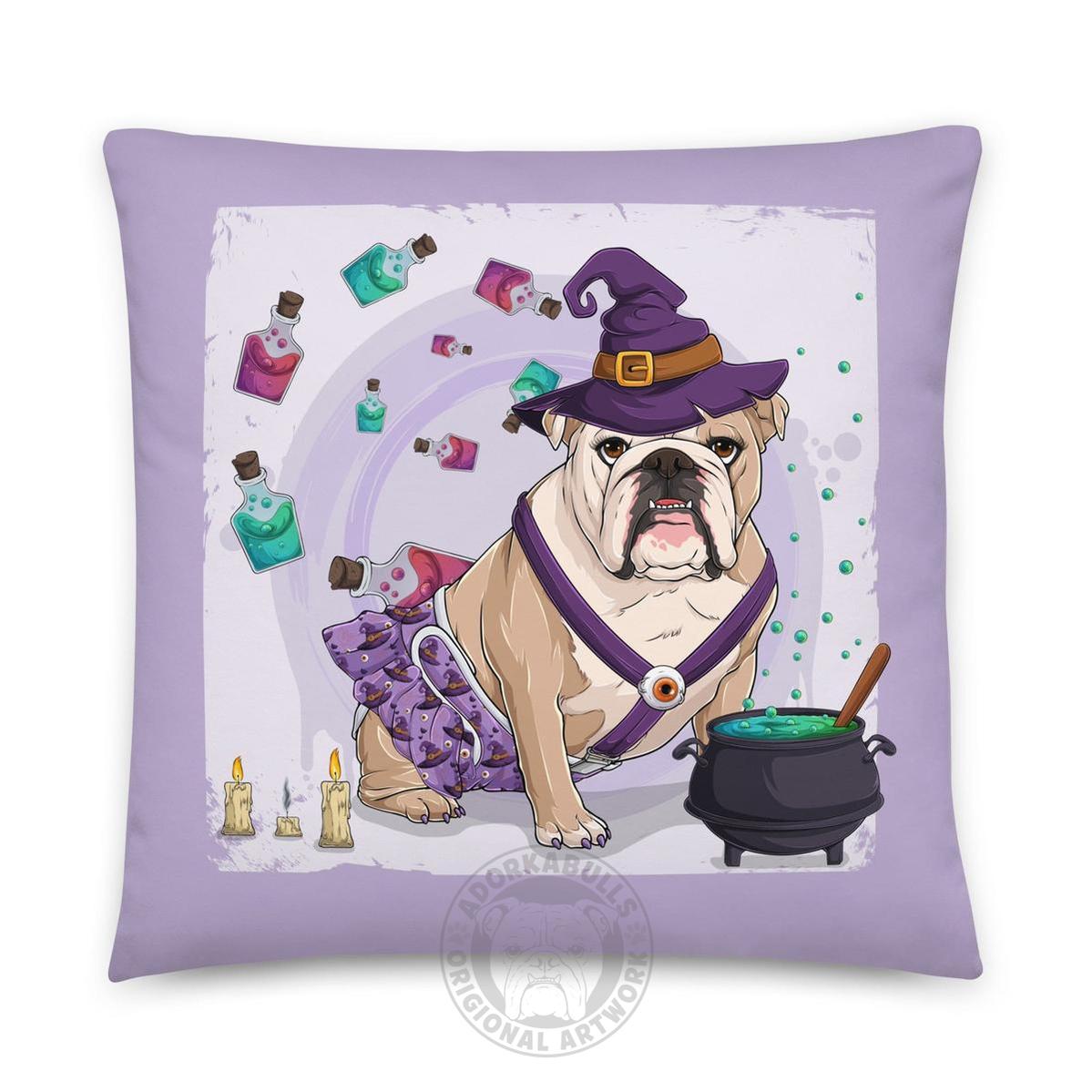 Halloween Potion &amp; Cauldron Bulldog Throw Pillow | Spina Bifida | English Bulldog · Fawn &amp; White · Female