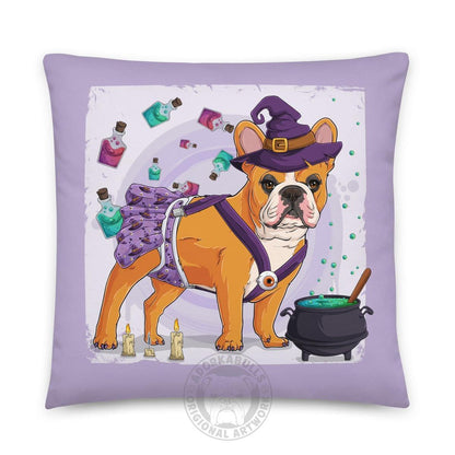 Halloween Potion &amp; Cauldron Bulldog Throw Pillow | Spina Bifida | Frenchie · Red &amp; White · Female