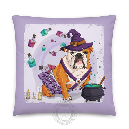 Halloween Potion &amp; Cauldron Bulldog Throw Pillow | Spina Bifida | English Bulldog · Red &amp; White · Female