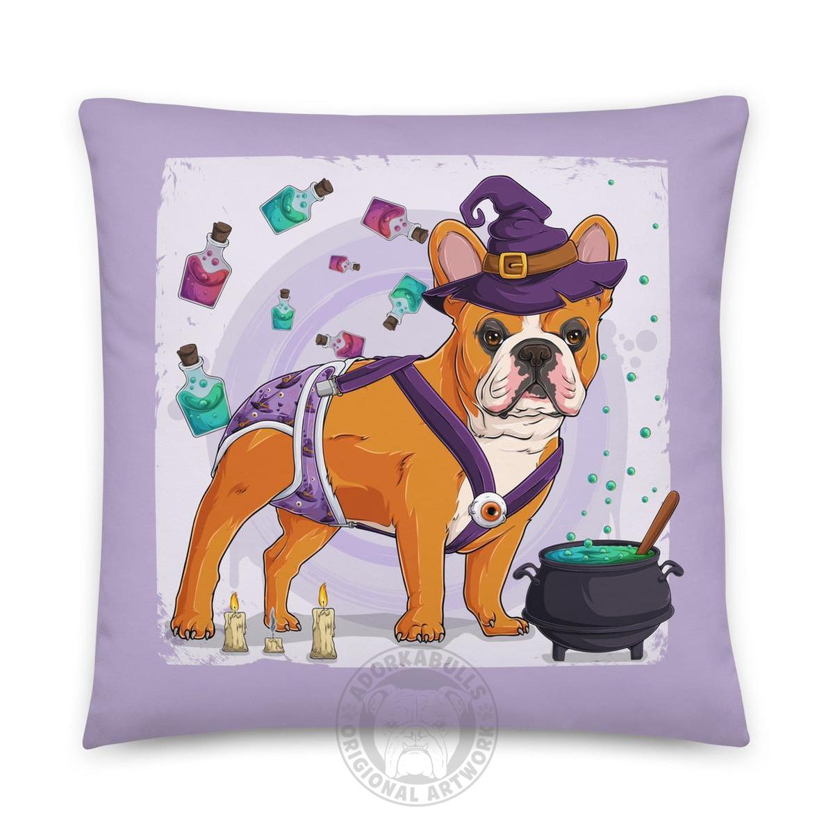 Halloween Potion &amp; Cauldron Bulldog Throw Pillow | Spina Bifida | Frenchie · Red &amp; White · Male