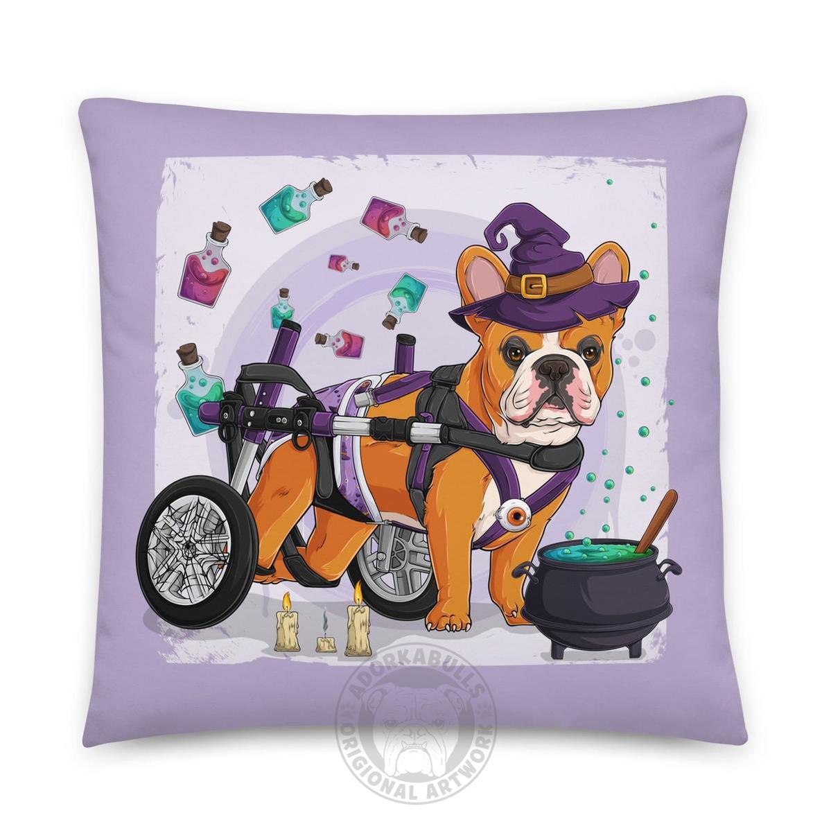 Halloween Potion &amp; Cauldron Bulldog Throw Pillow | Wheelchair | Frenchie · Red &amp; White · Male