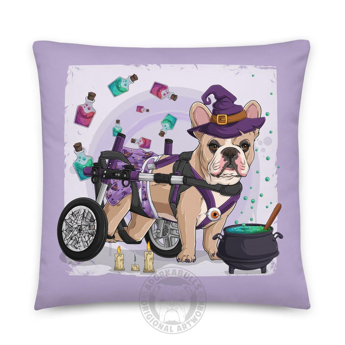 Halloween Potion &amp; Cauldron Bulldog Throw Pillow | Wheelchair | Frenchie · Fawn &amp; White · Female