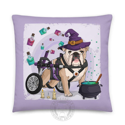 Halloween Potion &amp; Cauldron Bulldog Throw Pillow | Wheelchair | English Bulldog · Fawn &amp; White · Male