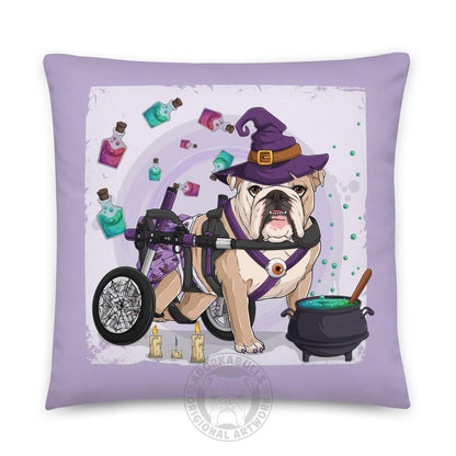 Halloween Potion &amp; Cauldron Bulldog Throw Pillow | Wheelchair | English Bulldog · Fawn &amp; White · Female