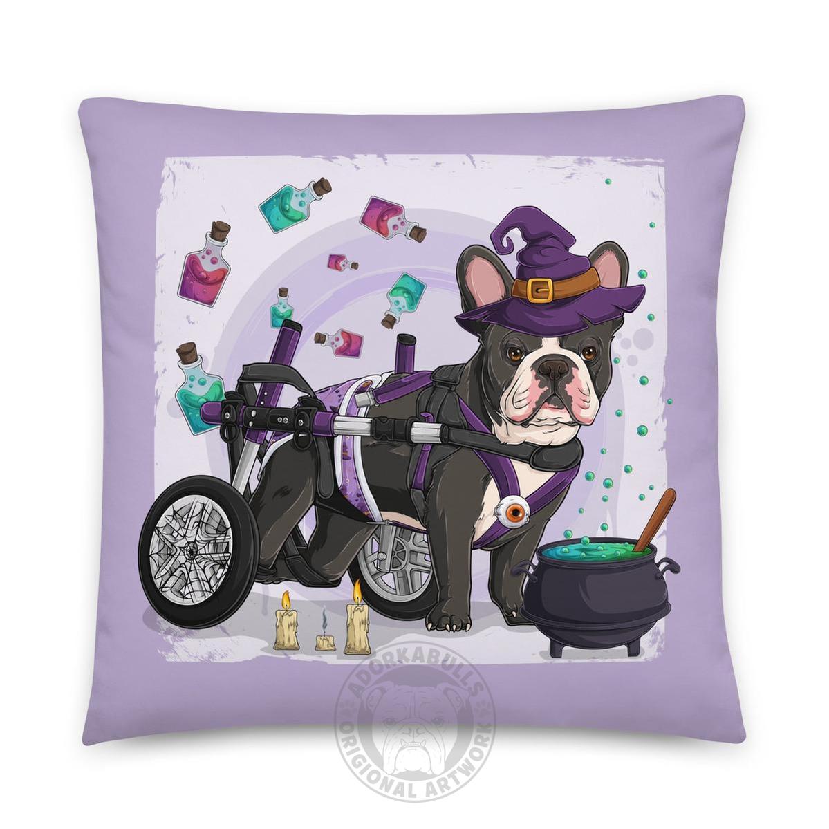 Halloween Potion &amp; Cauldron Bulldog Throw Pillow | Wheelchair | Frenchie · Black &amp; White · Male