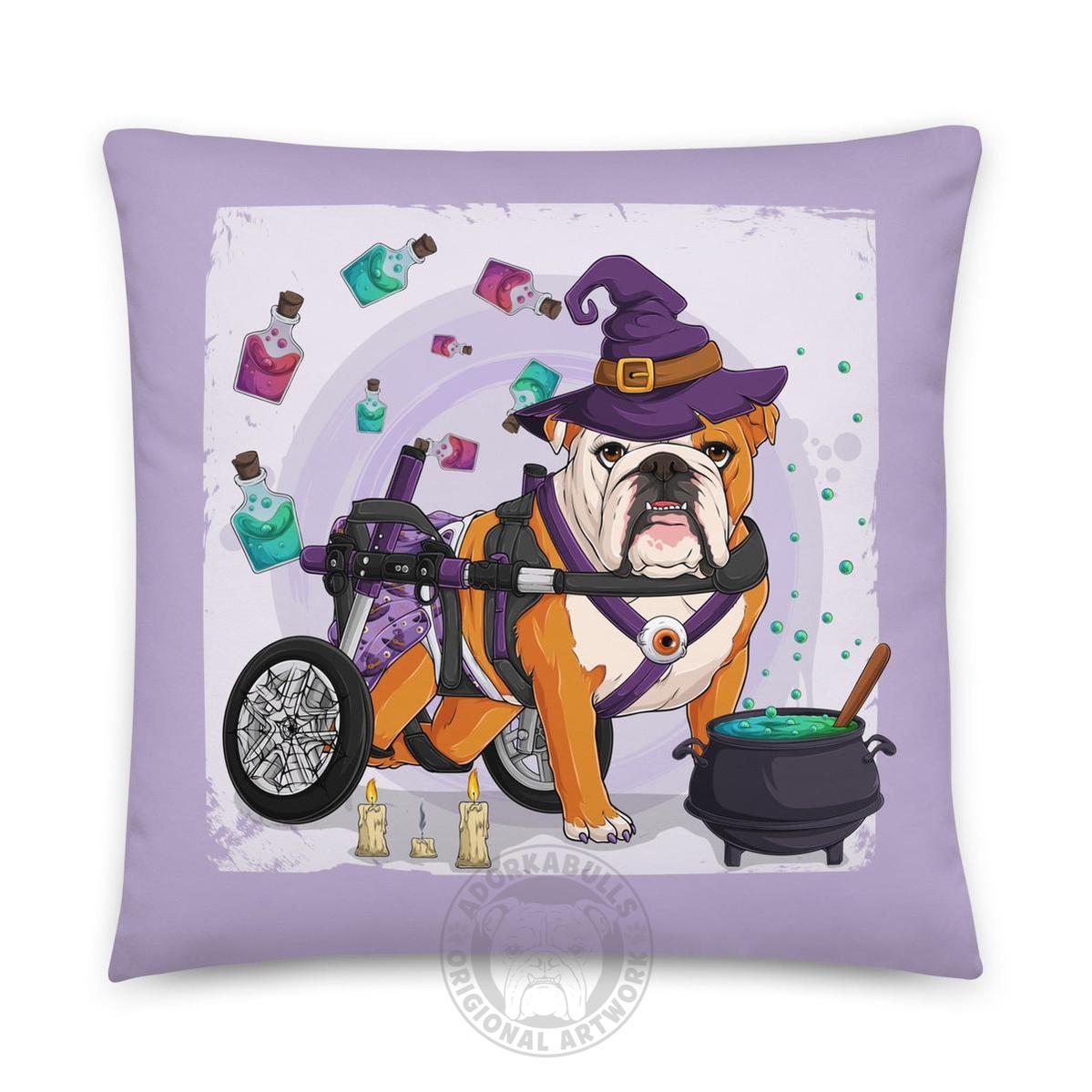 Halloween Potion &amp; Cauldron Bulldog Throw Pillow | Wheelchair | English Bulldog · Red &amp; White · Female