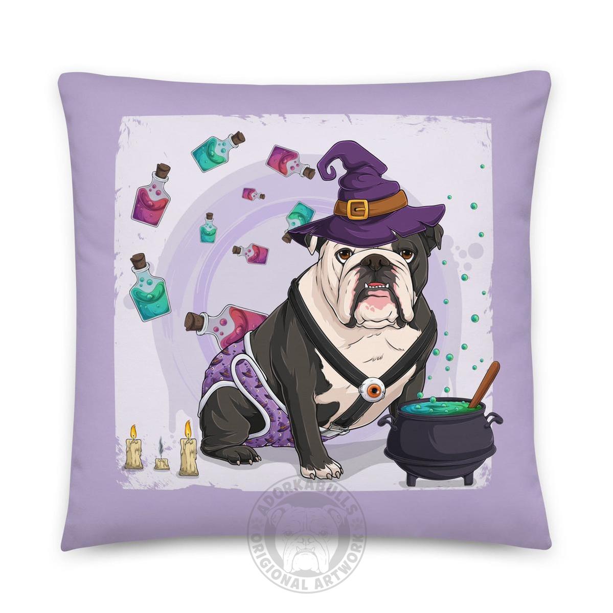 Halloween Potion &amp; Cauldron Bulldog Throw Pillow | Spina Bifida | English Bulldog · Black &amp; White · Male