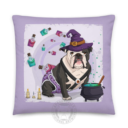 Halloween Potion &amp; Cauldron Bulldog Throw Pillow | Spina Bifida | English Bulldog · Black &amp; White · Male