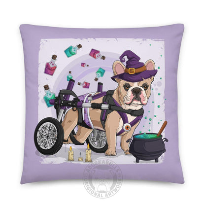 Halloween Potion &amp; Cauldron Bulldog Throw Pillow | Wheelchair | Frenchie · Fawn &amp; White · Male