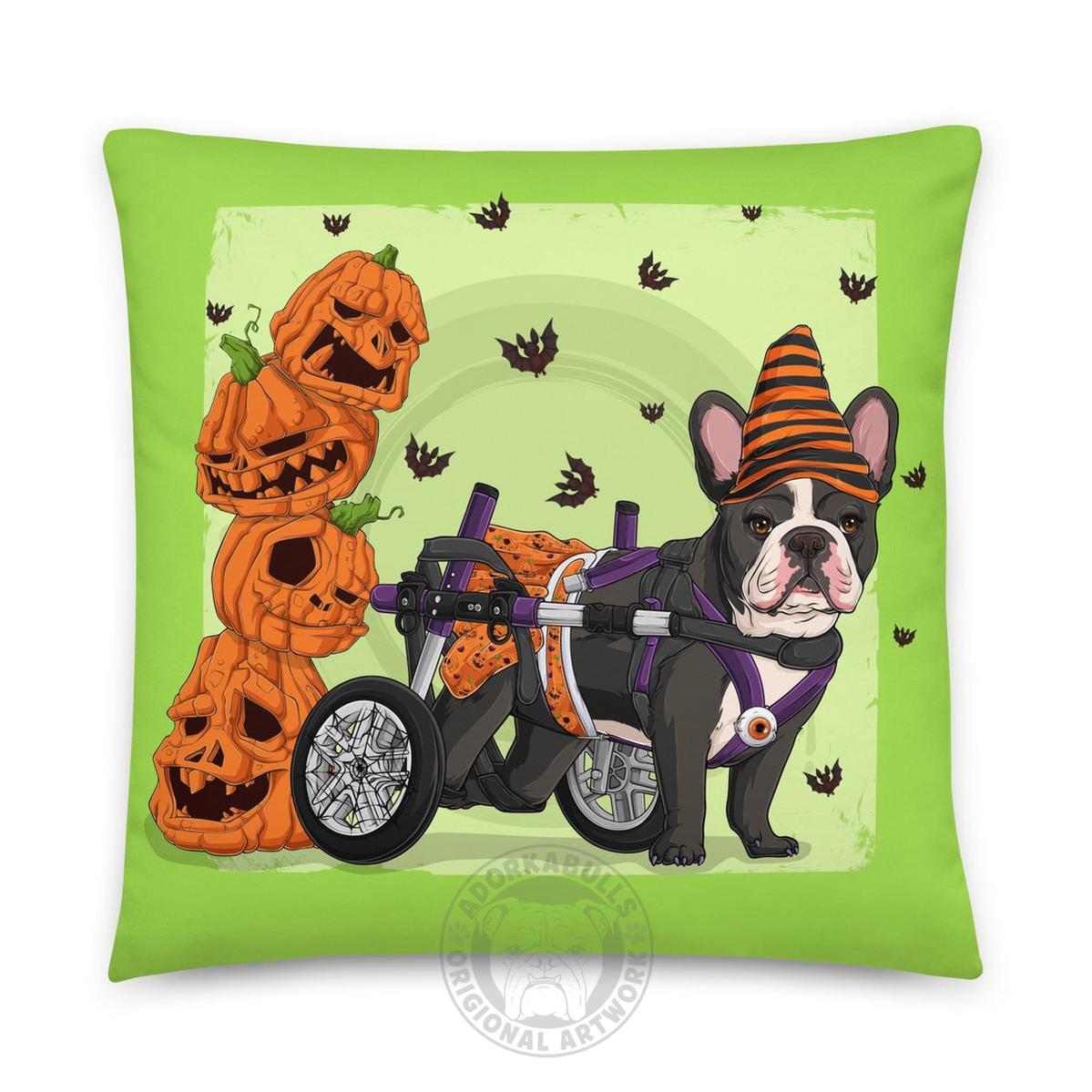 Halloween Pumpkin &amp; Bats Bulldog Throw Pillow | Wheelchair | Frenchie · Black &amp; White · Female