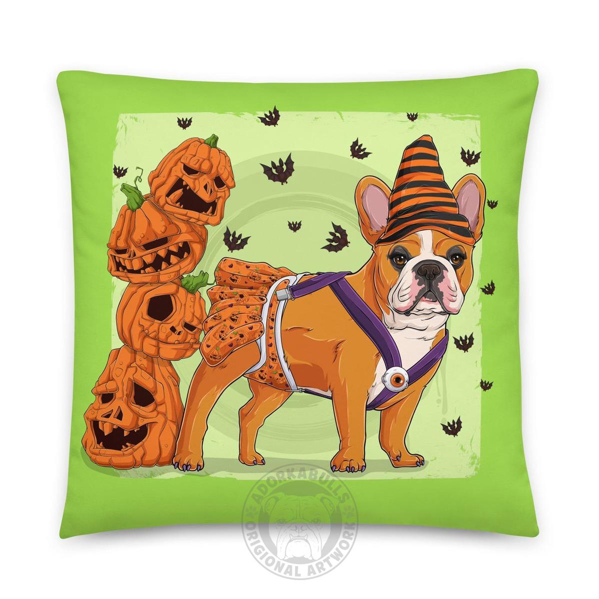 Halloween Pumpkin &amp; Bats Bulldog Throw Pillow | Spina Bifida | Frenchie · Red &amp; White · Female