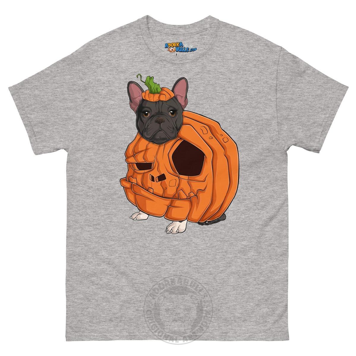 Halloween Pumpkin Bulldog Tee | Frenchie · Black &amp; White · Female | Sport Grey