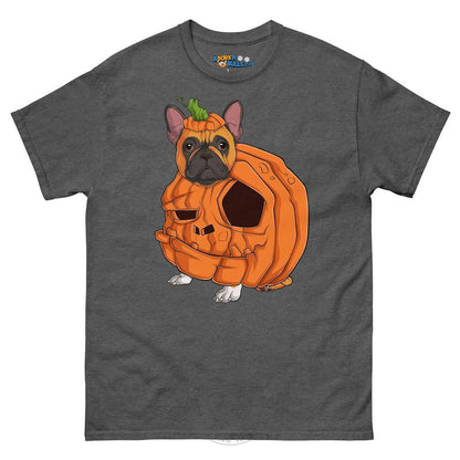 Halloween Pumpkin Bulldog Tee | Frenchie · Red &amp; White · Male | Dark Heather