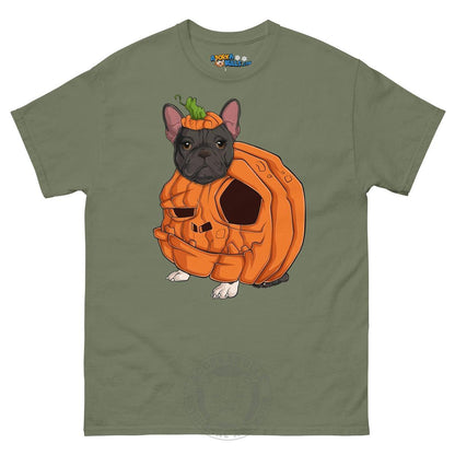 Halloween Pumpkin Bulldog Tee | Frenchie · Black &amp; White · Female | Military Green