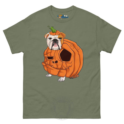 Halloween Pumpkin Bulldog Tee | English Bulldog · Red &amp; White · Female | Military Green
