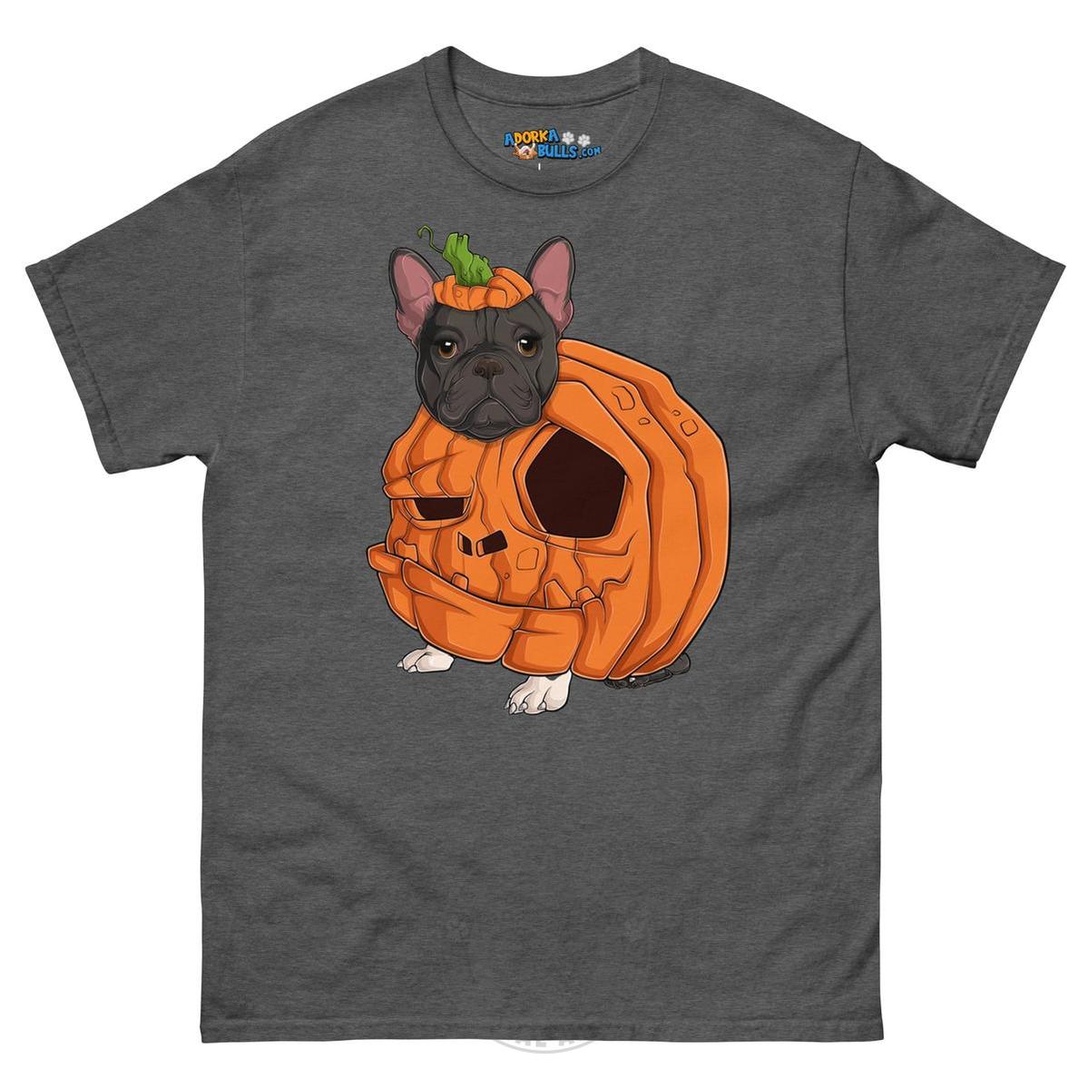 Halloween Pumpkin Bulldog Tee | Frenchie · Black &amp; White · Female | Dark Heather
