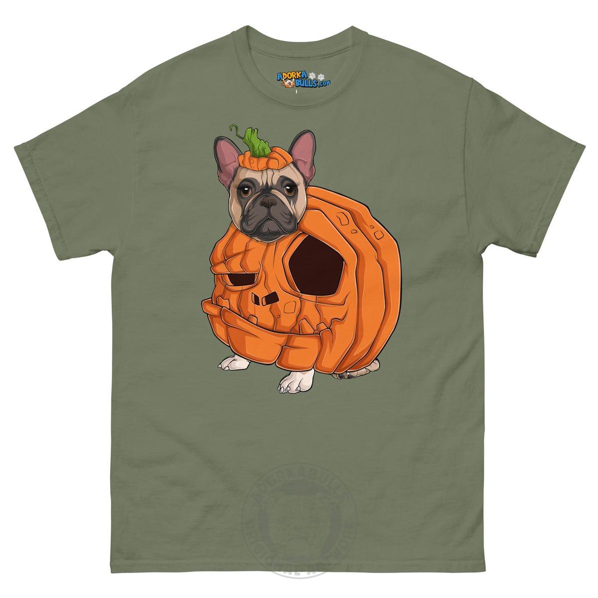 Halloween Pumpkin Bulldog Tee | Frenchie · Fawn &amp; White · Female | Military Green