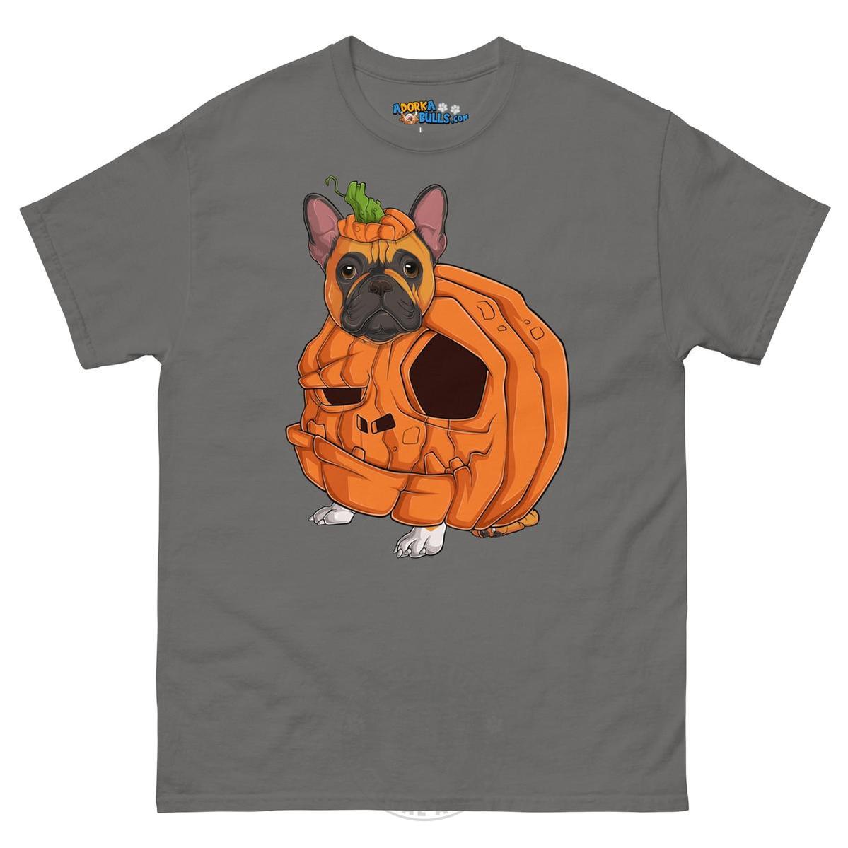 Halloween Pumpkin Bulldog Tee | Frenchie · Red &amp; White · Male | Charcoal