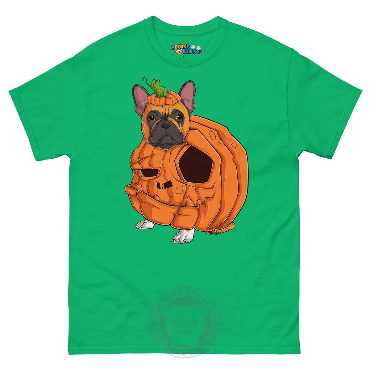 Halloween Pumpkin Bulldog Tee | Frenchie · Red &amp; White · Male | Irish Green