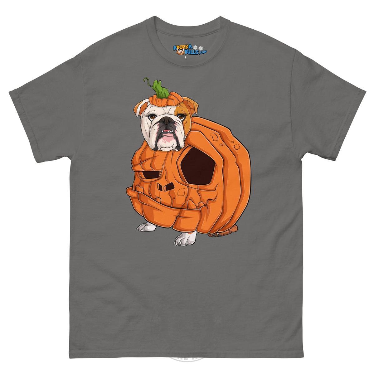 Halloween Pumpkin Bulldog Tee | English Bulldog · Red &amp; White · Female | Charcoal